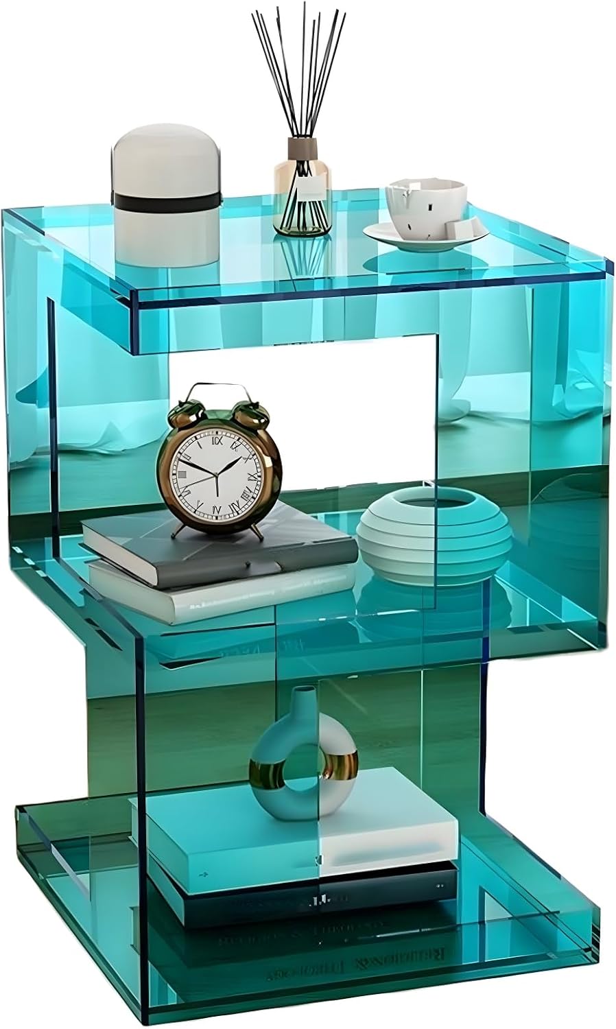 Clear Acrylic End Table, Acrylic Nightstand, 3 Tier Small Side Table, Modern Bedside Table, Coffee Table with Storage for Living Room Bedroom,Lake Blue