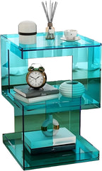 Clear Acrylic End Table, Acrylic Nightstand, 3 Tier Small Side Table, Modern Bedside Table, Coffee Table with Storage for Living Room Bedroom,Lake Blue