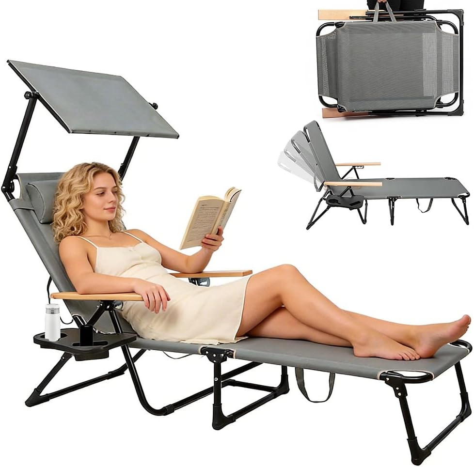 Folding Lounge Chair with Adjustable Canopy, Portable Sun Lounger with 4-Position Reclining Back, Outdoor Chaise Lounge with Arms, Tanning Chair for Beach Poolside Backyard Camping, 440LBS (Gray B)