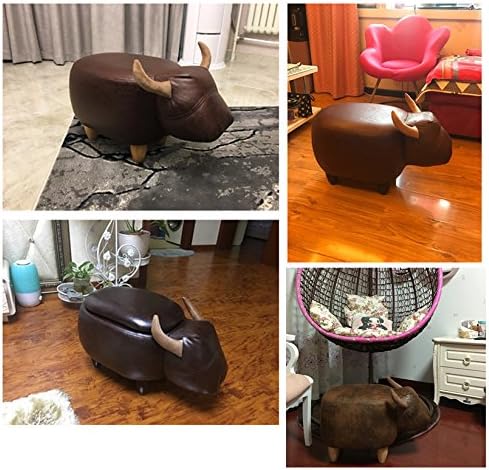 Decorative Buffalo Ottoman Footstool Cute Animal Upholstered Stool for Kids Wooden Footrest Accent Furniture, Brown