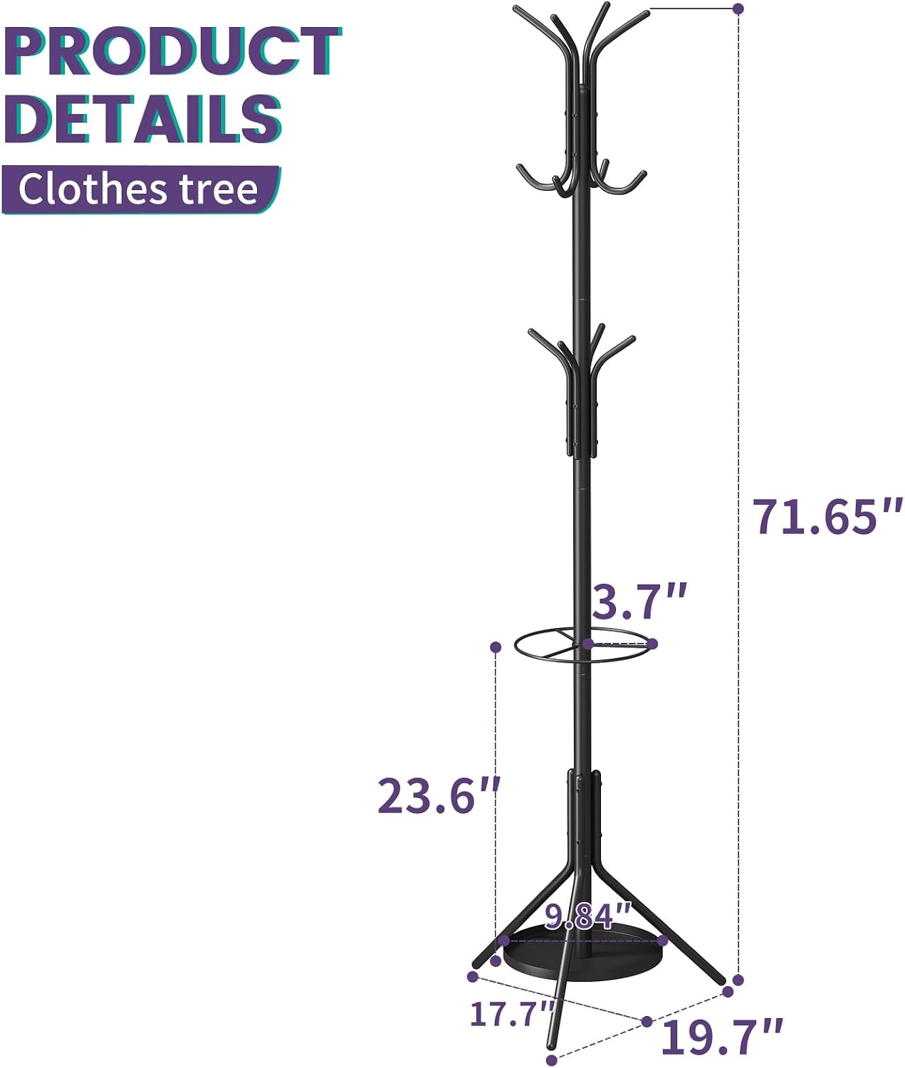 Coat Rack Freestanding,Entryway Hanger Stand,Umbrella Holder,Hall Tree With 12 Hooks, Floor Standing Metal Tree Stand,Black