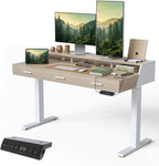 CubiCubi Standing Desk 55x26 Inches with 3 Wood Drawers and Monitor Shelf, Ergonomic Rising Home Office Desks, Height Adjustable Computer Desk, Sit Stand Up Electric Workstation Table, Pale Walnut
