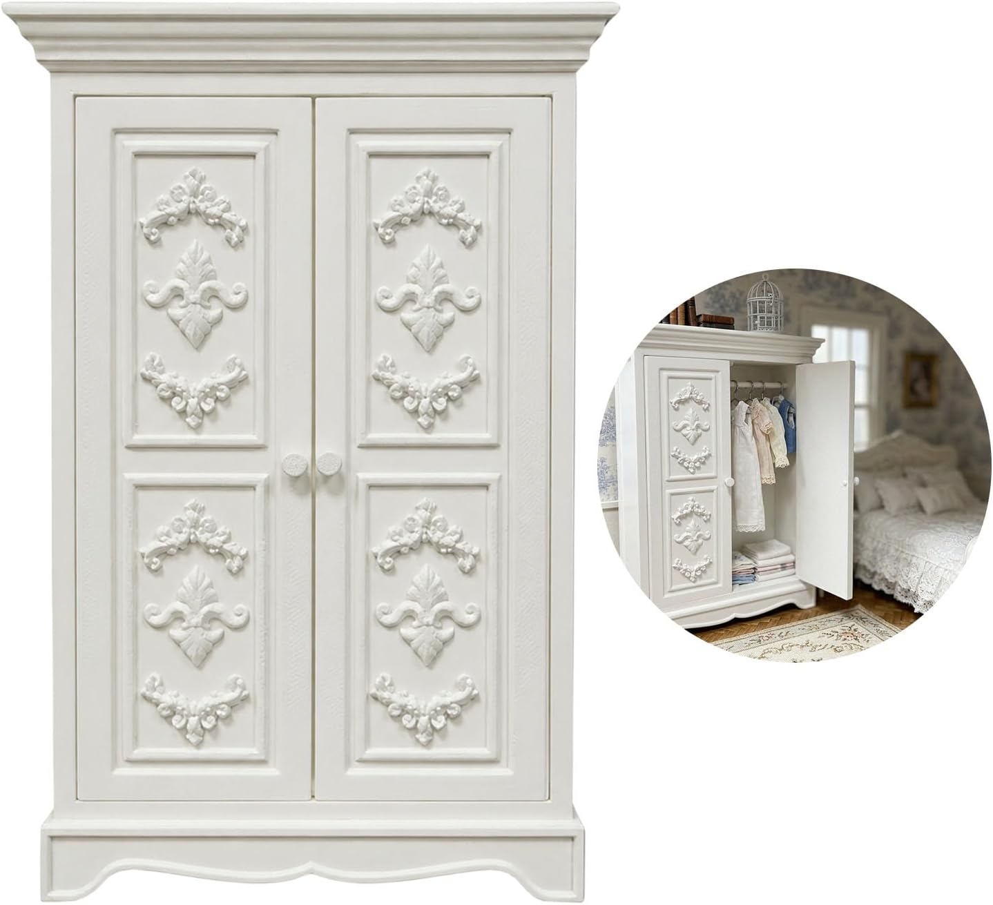 Small-Scale Wardrobe Furniture, French Inspired Double Door Armoire with White Relief Panels for Bedroom Display and Room Box Decor Small Scale Wardrobe French Armoire Double Door Cabinet White Relief