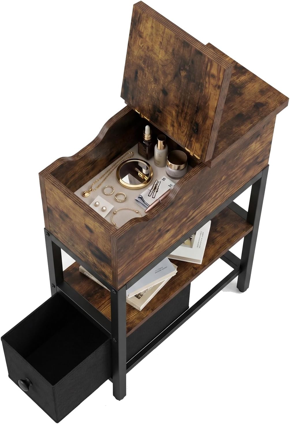 Flip Top Narrow End Table with Hidden Storage, Small Side Table with Fabric Drawer, Bedside Tables with Shelf,Metal Frame Chairside Table for Sofa, Living Room, Small Spaces,Rustic Brown
