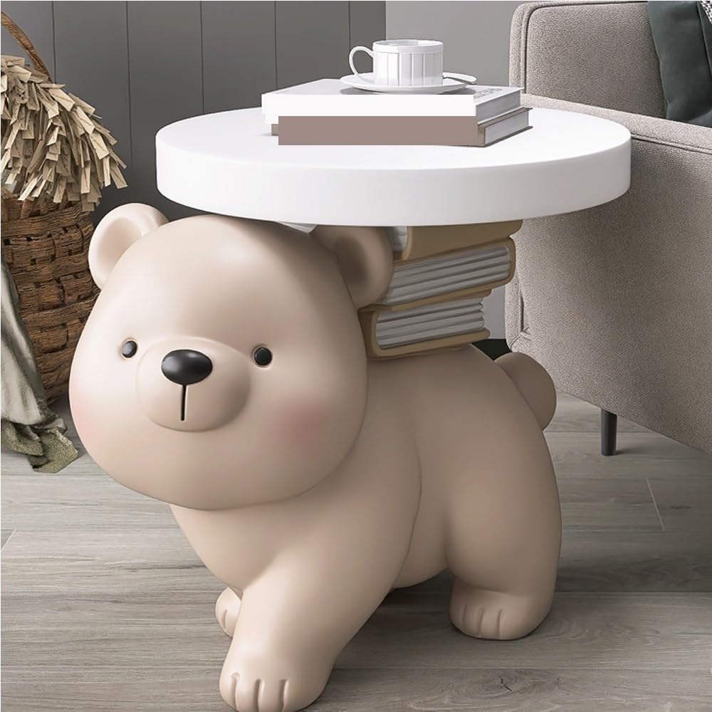 Decorative Sculpture Side Table, Floor Couch Table with Tray Tabletop, End Table with Non-Slip Base, Room Decor Bear Table for Living Room, Bedroom, Study, Office(Gray)