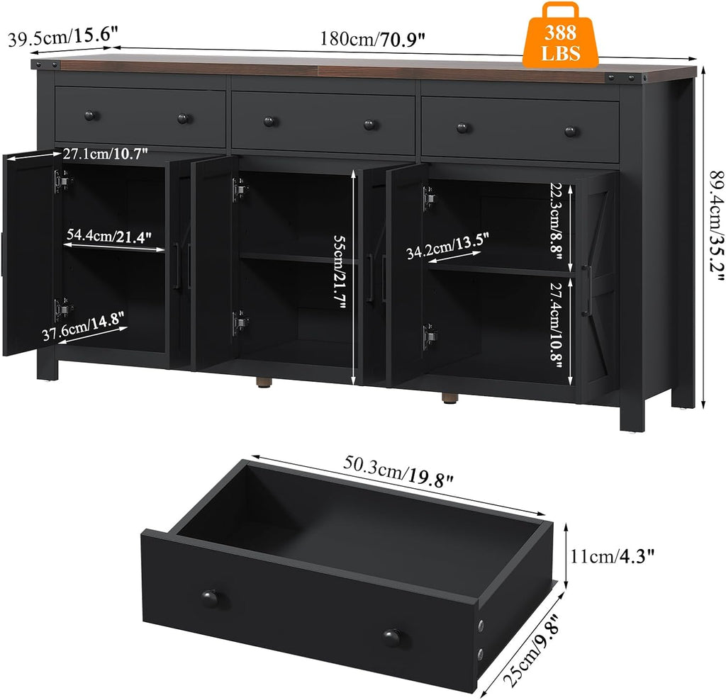 VVFLU 71" Large Sideboard Buffet Cabinet with Storage, Farmhouse Coffee Bar with 3 Drawers and 6 Barn Doors, Long Wider Storage Cabinet, for Kitchen, Dining Room, Living Room, Black Wood