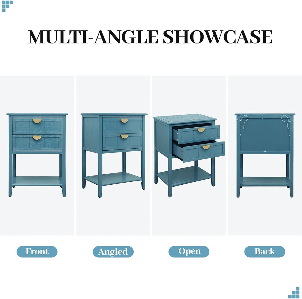 22" Blue Nightstand with 2 Storage Drawers Bedside Table with Open Shelf Modern Wood End Table for Bedroom Room Gold Handles
