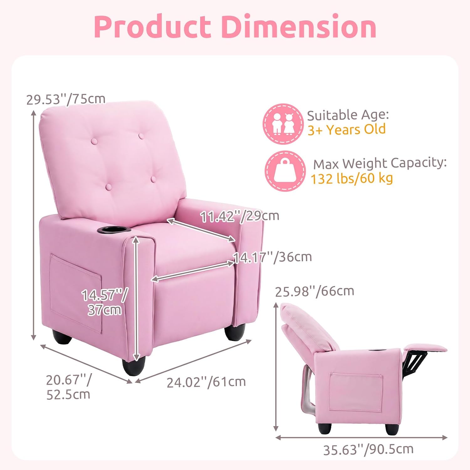 INFANS Kids Recliner, Toddler Lounge Chair with Adjustable Backrest Footrest Cup Holder Side Pockets, PU Leather Toddler Couch
