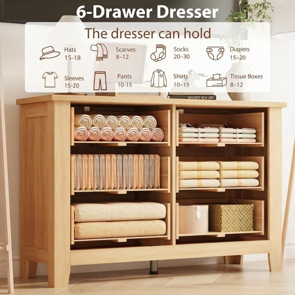 GarveeHome 6 Drawer Dresser for Bedroom, 47 Inch Wide Wood Chest of Drawers, Large Storage Organizer with Deep Drawers & Stable Legs, Modern Farmhouse Dresser for Living Room, Entryway, Natural