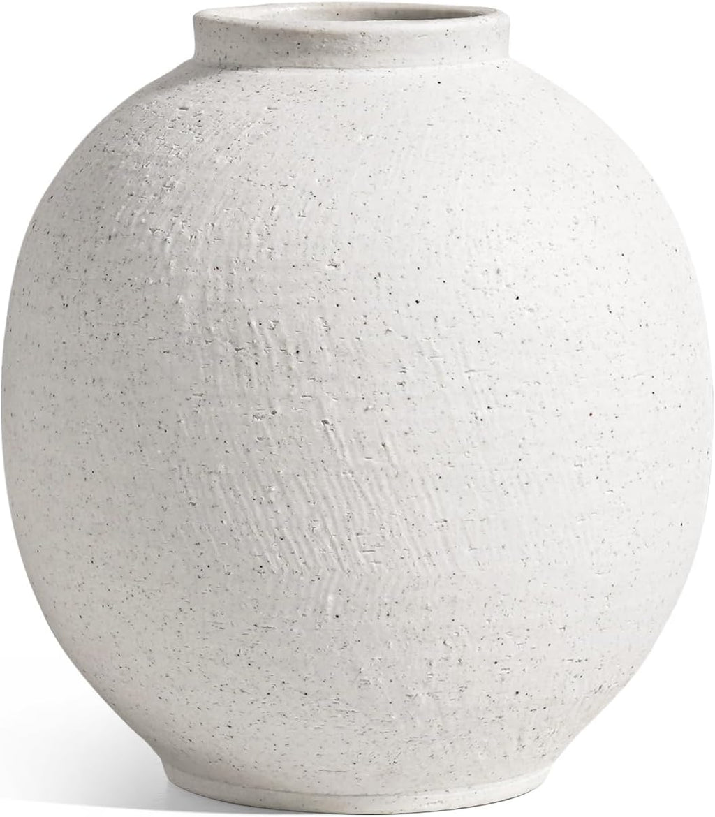 Small White Ceramic Vase - 6.3 Inch Rustic Farmhouse Flower Vase for Home Decor, Minimalist Vases for Living Room, Table, Bathroom, Holiday & Weddings (Sandstone White)