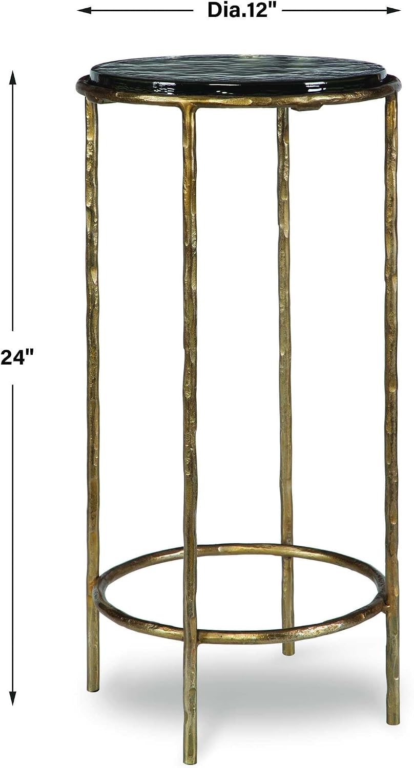 Antique Gold Textured Iron Accent Table with Recycled Glass Top Modern Round End Table Luxury Side Table for Living Room, Bedroom & Lounge Decorative Accent Furniture
