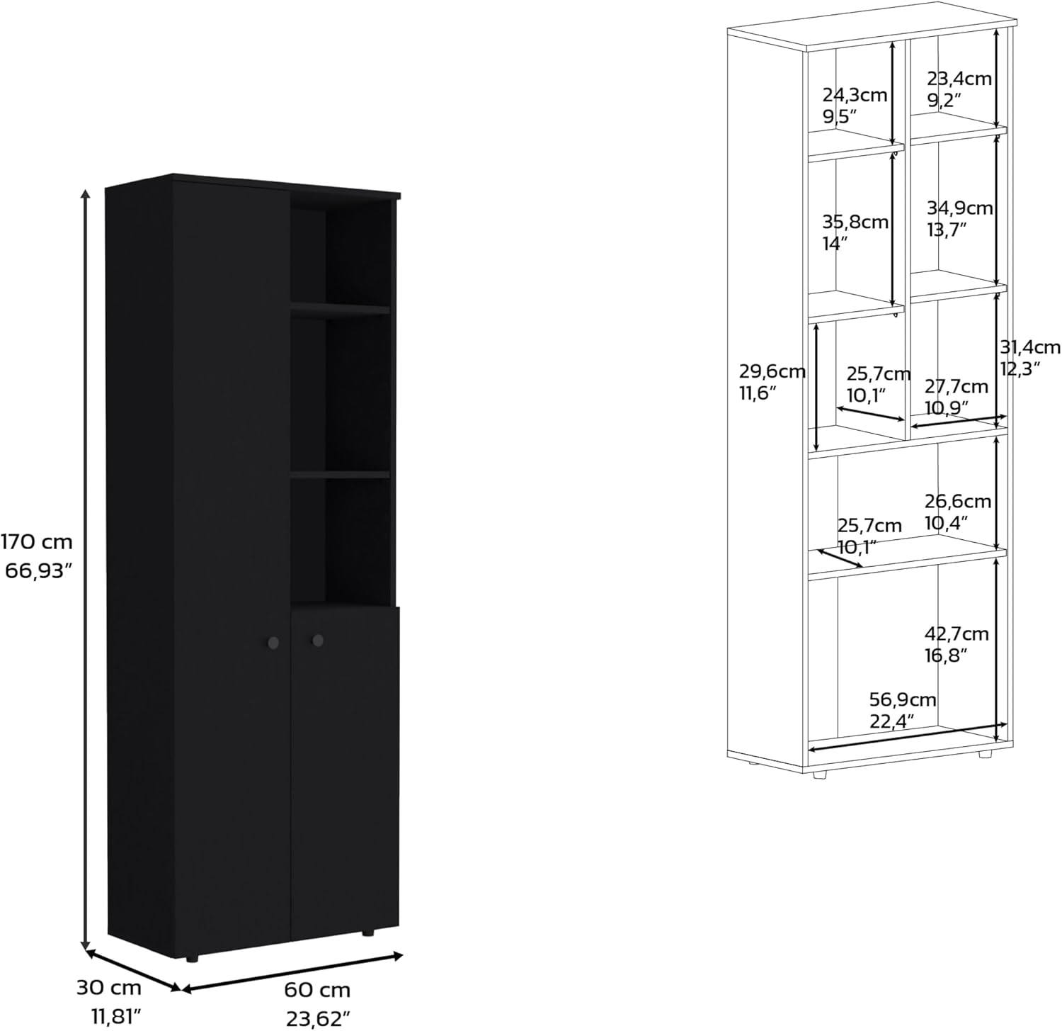 Riner 67" Slim Pantry Cabinet, 5-Tier Storage Shelves with Doors for Kitchen Organization, Black