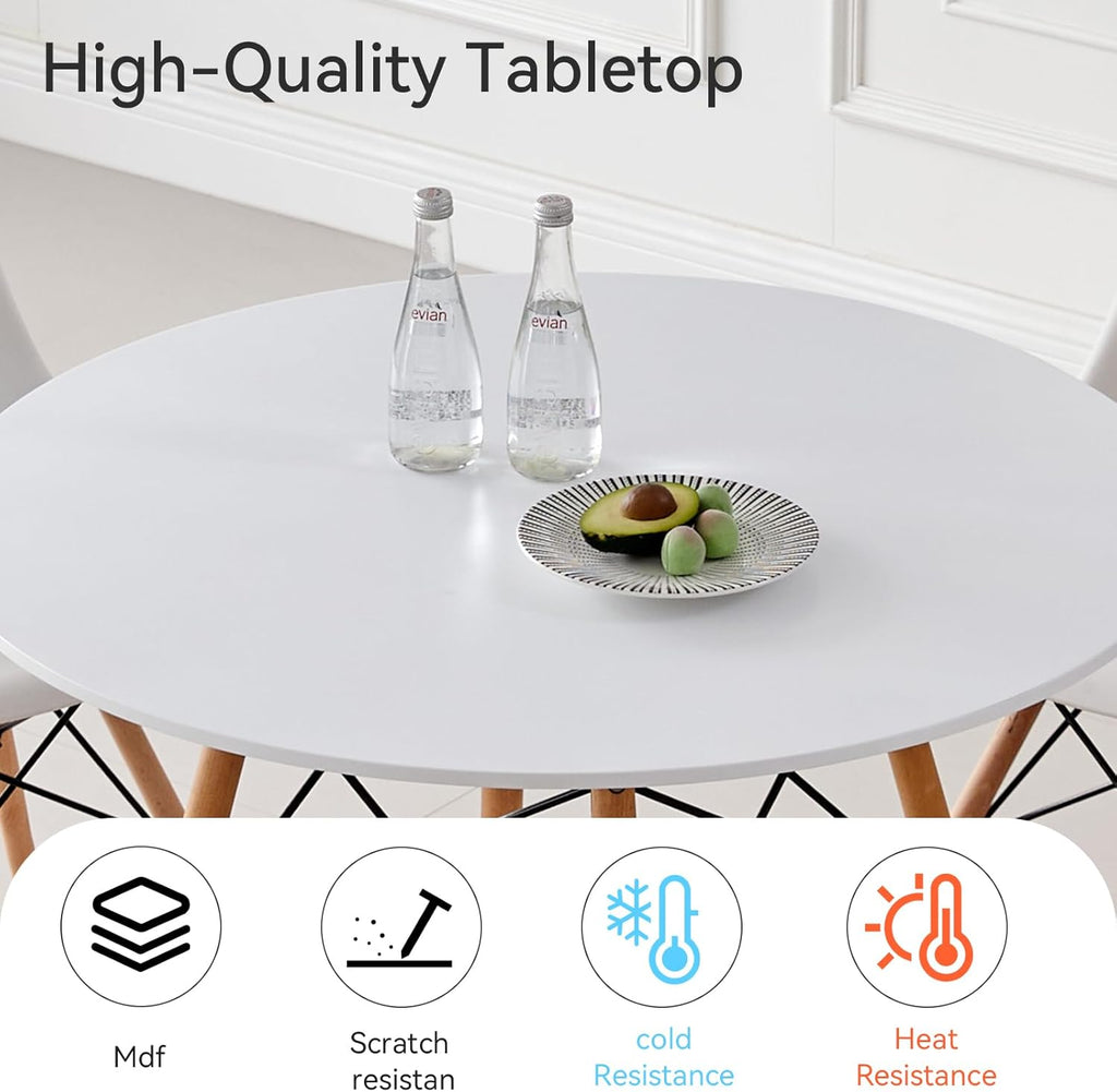 5-Piece Round Dining Table Set, Small 35.5" Kitchen Table Chairs Set of 4 Space Saving Furniture, Plastic Seats, Solid Wood Legs, for Living Room Apartment Office Home, White