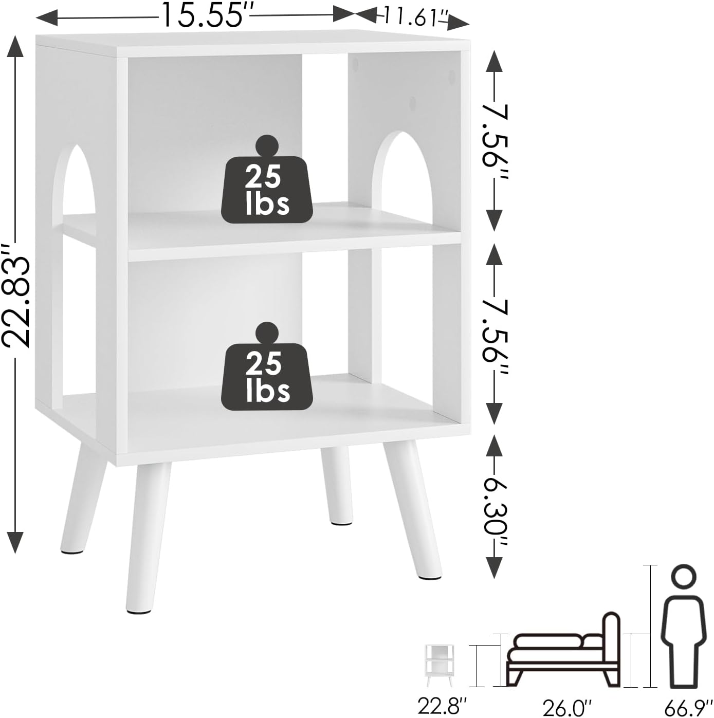 Masupu Night Stand, 3-Tier Modern Nightstand with Open Storage, Wooden Bed Side End Table for Small Space, Living Room, Bedroom, Nursery, White