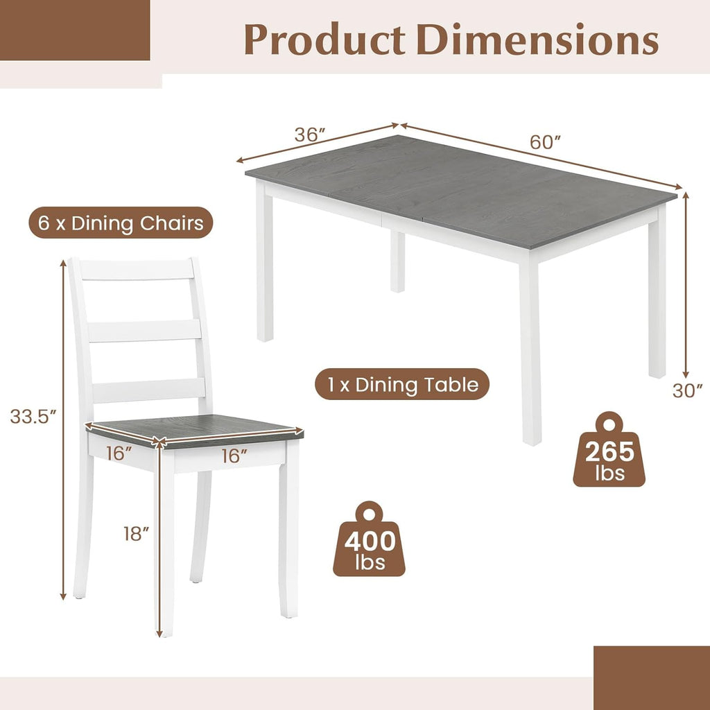 Giantex 7-Piece Dining Table Set for 6, Rectangular 60-inches Kitchen Table and 6 Dining Chairs with Rubber Wood Legs, Protective Foot Pads, Farmhouse Dinette Set for Dining Room, Restaurant (Gray)