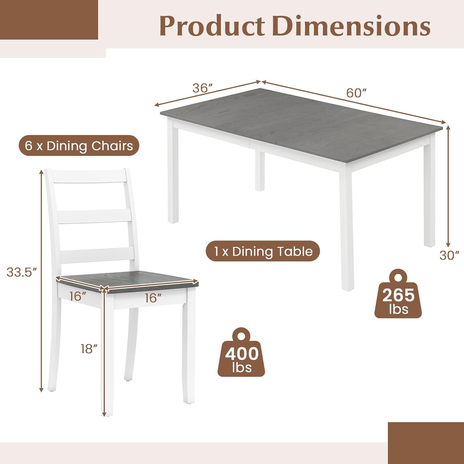 Giantex 7-Piece Dining Table Set for 6, Rectangular 60-inches Kitchen Table and 6 Dining Chairs with Rubber Wood Legs, Protective Foot Pads, Farmhouse Dinette Set for Dining Room, Restaurant (Gray)