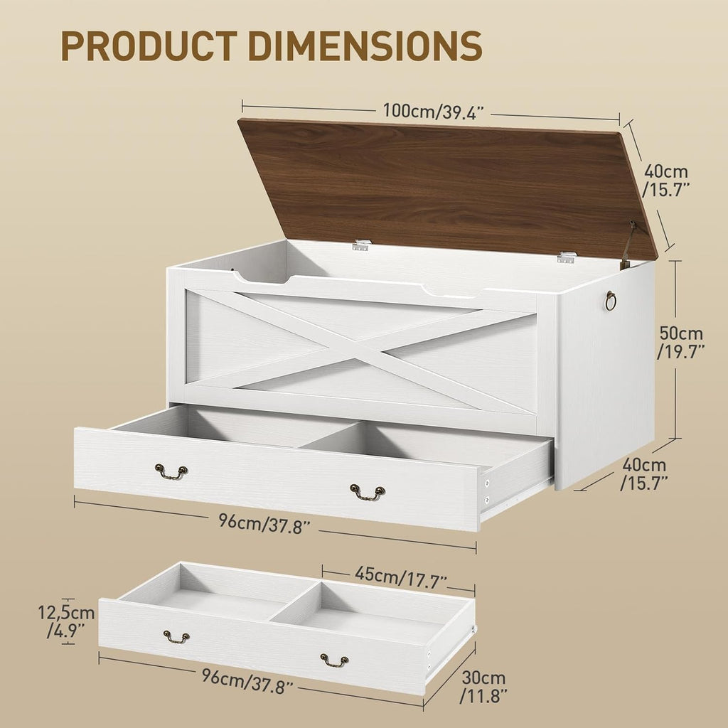 RALGEND Toy Chest, 39.4" Storage Chest with Drawer and Pull Handles, Wooden Storage Bench with Lift Top, Storage Trunk for Living Room, Bedroom, Entrance, White and Walnut
