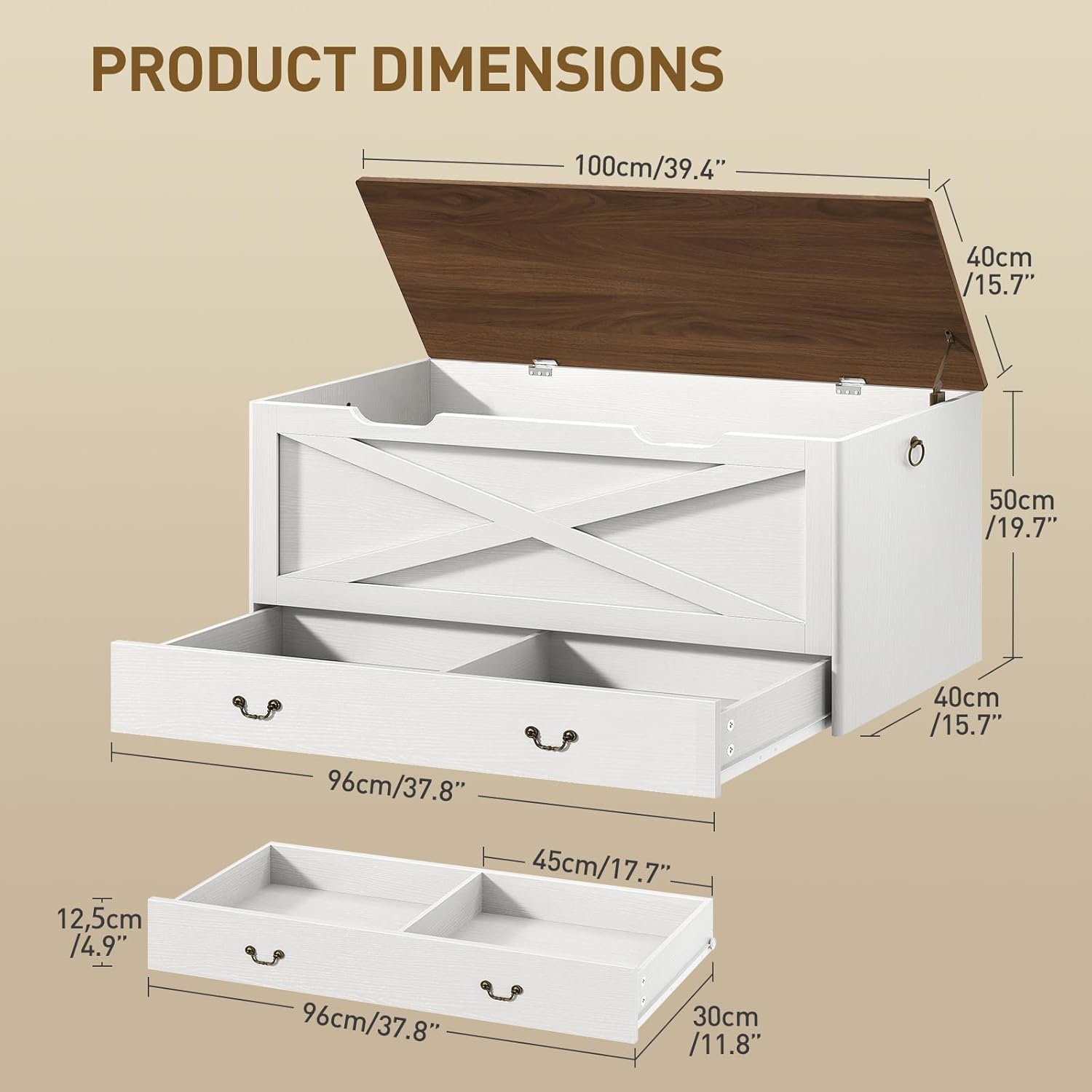 RALGEND Toy Chest, 39.4" Storage Chest with Drawer and Pull Handles, Wooden Storage Bench with Lift Top, Storage Trunk for Living Room, Bedroom, Entrance, White and Walnut