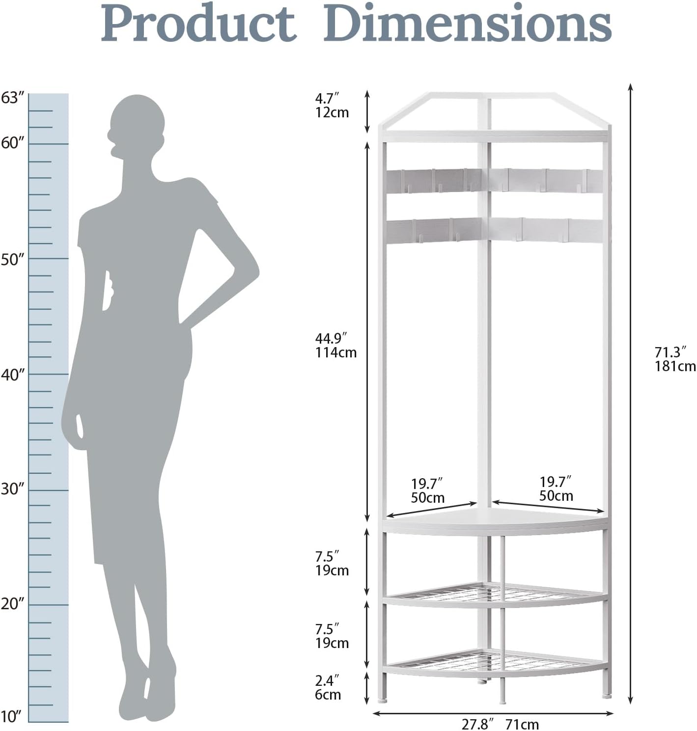 GiftGo Corner Hall Tree with Shoe Bench Entryway Coat Rack with 10 Metal Movable Hooks Freestanding Clothes Rack Shoes Shelf Organizer for Home Office Bedroom (White)