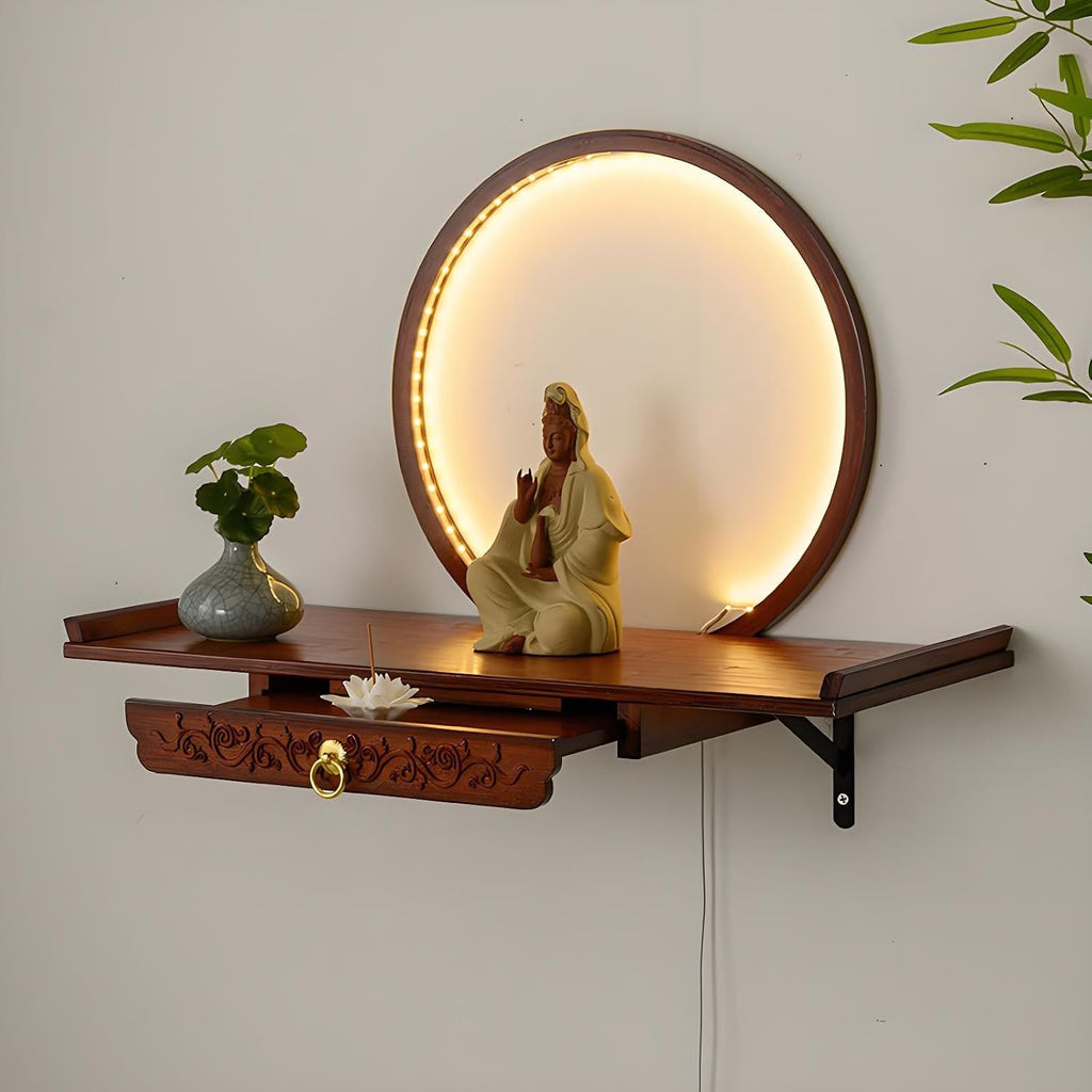 Wall Mounted Altar Table with LED Light, Bamboo Buddha Shrine, Chinese Style Floating Offering Shelf for Meditation, Home, Spiritual Decor(Reddish-Brown,40cm/15.7in)