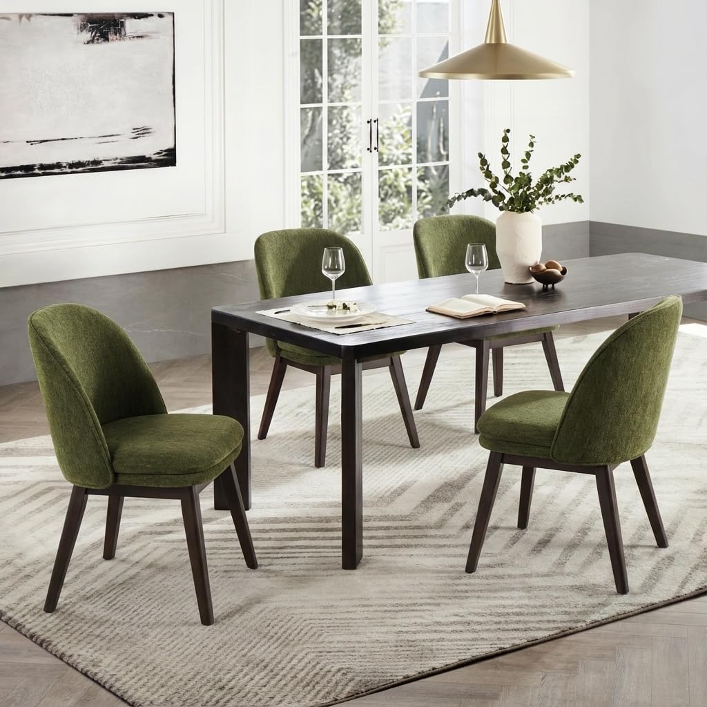KISLOT Wooden Dining Chairs Set of 4, Fabric Upholstered Modern Dining Room Chairs with Double-Layer Thick Seat Cushion & Ergonomic Backrest for Restaurant, Kitchen and Café, Green, 2 Boxs