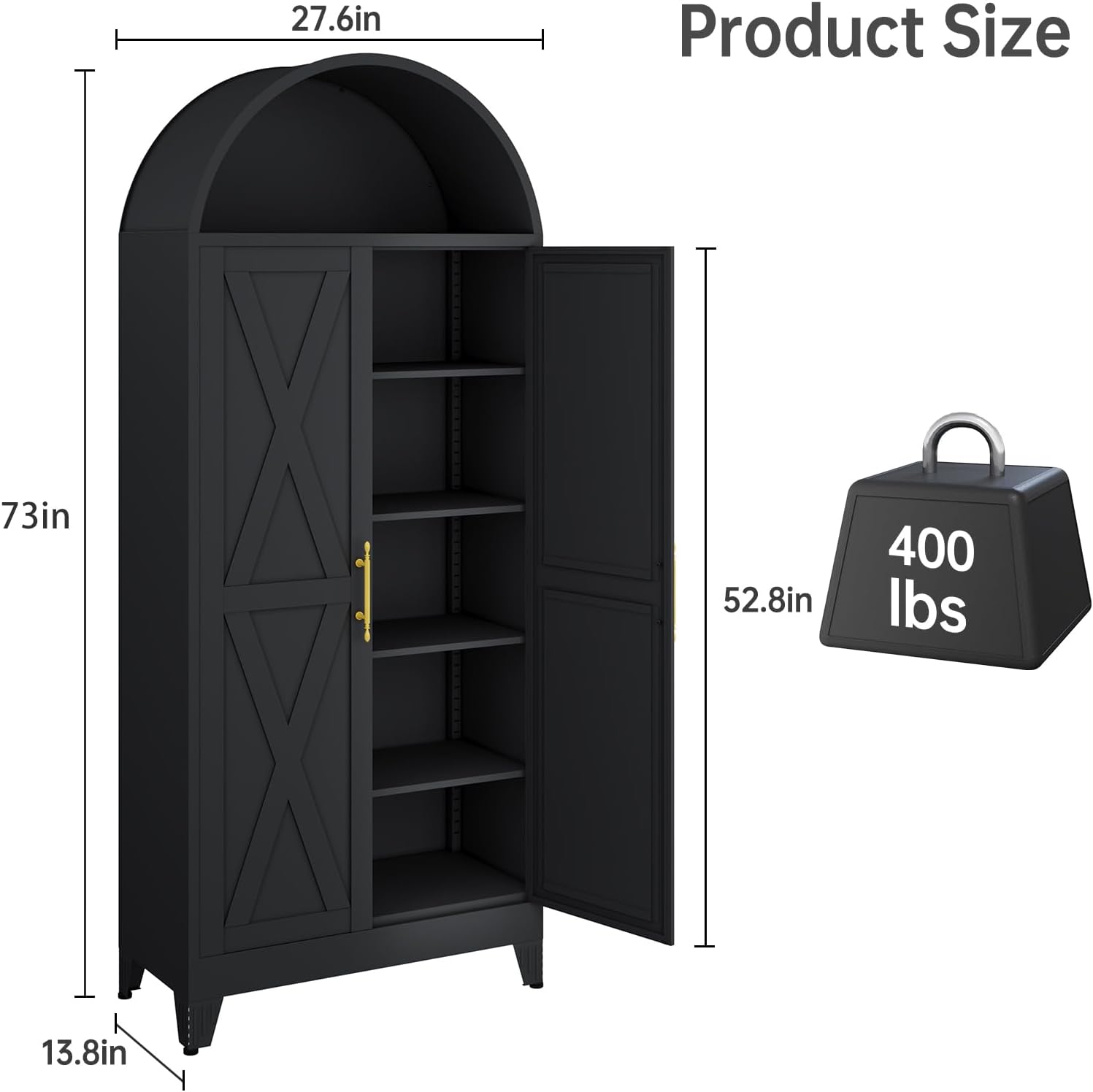 Metal Arched Cabinet, 73" Tall Kitchen Pantry Cabinet with 2 Doors & 4 Adjustable Shelves, Kitchen Storage Cabinets Cupboard for Bathroom, Living Room, Dinging Room (Black)