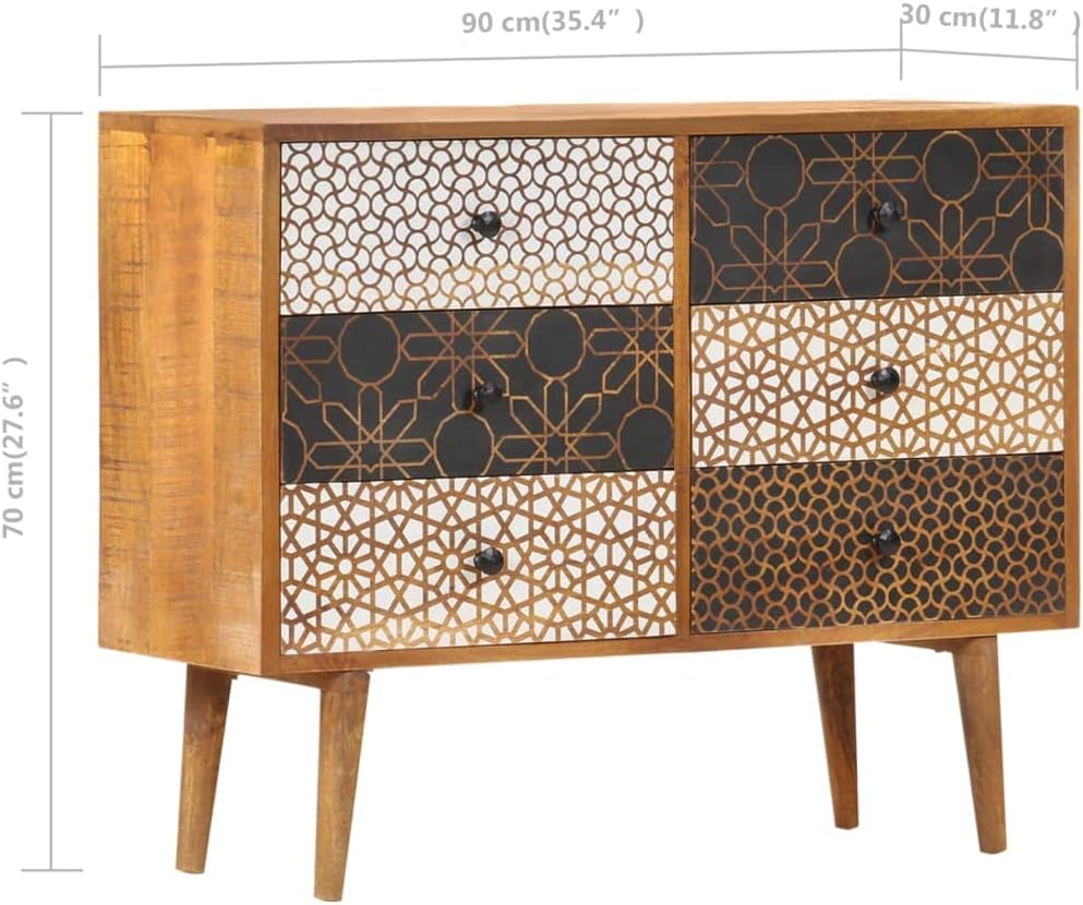 Mid-Century Modern Sideboard with Six Drawers, Solid Mango Wood and MDF Construction, Brown Lacquered Finish with Geometric Printed Patterns, Ample Storage for Dining