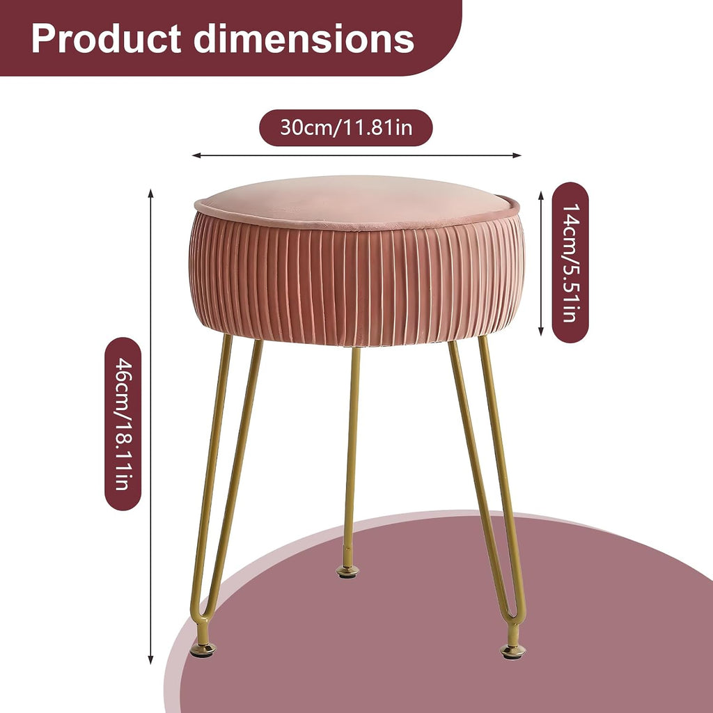 Vanity Chair,Velvet Ottoman Stool with Round Seat,Plush Cushioned Vanity Chair,Sturdy Gold Metal Legs for Bedroom and Dressing Table,Pink