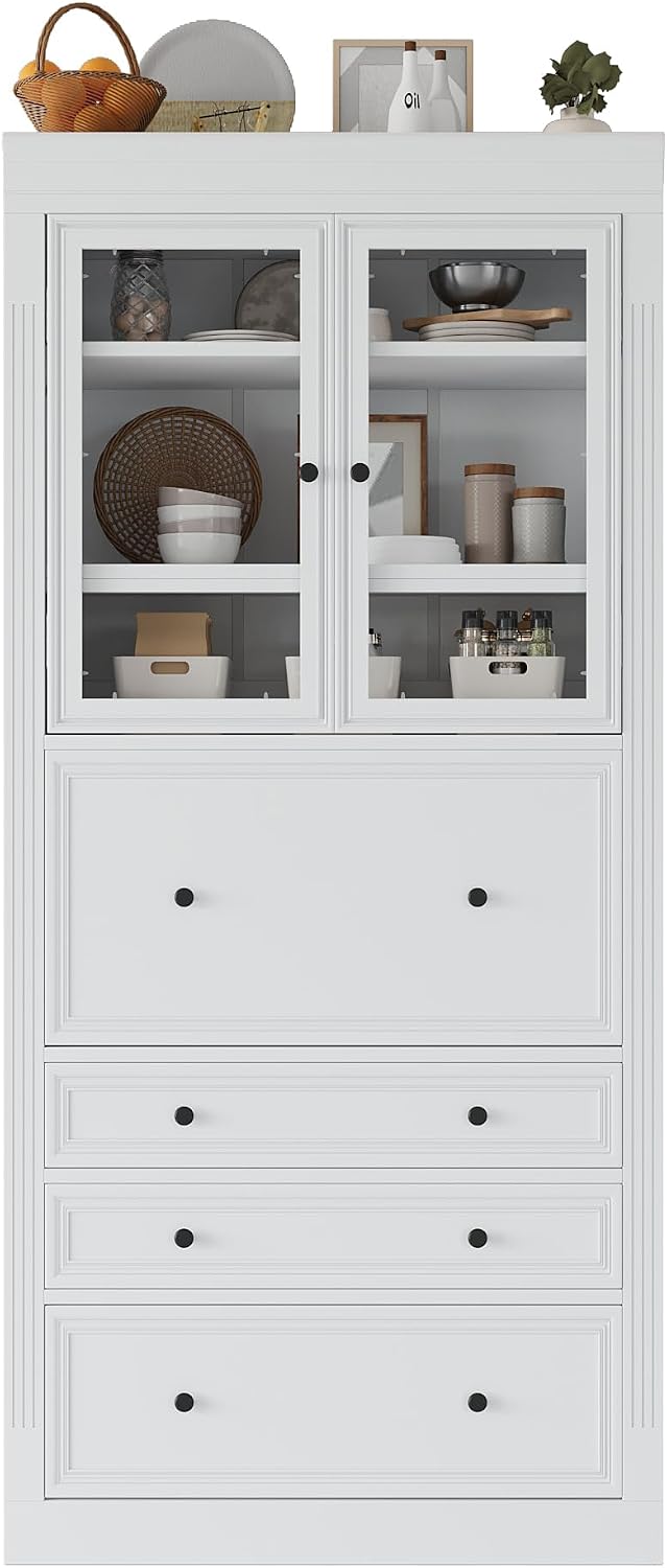 78 Inch Kitchen Pantry Cabinet with Power Outlet, White | White P2 MDF, kitchen or dining room, power outlet, USB ports, glass doors, drop-down surface, 3 drawers, adjustable shelves