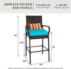 Sundale Outdoor Wicker Bar Stool Set of 2, Patio Counter Height Pub Chair with Arms, High Top Rattan Barstool, Cushion Beige, All-Weather Outdoor Rattan Furniture (Brown&Blue, Small Seat - 2 Stools)