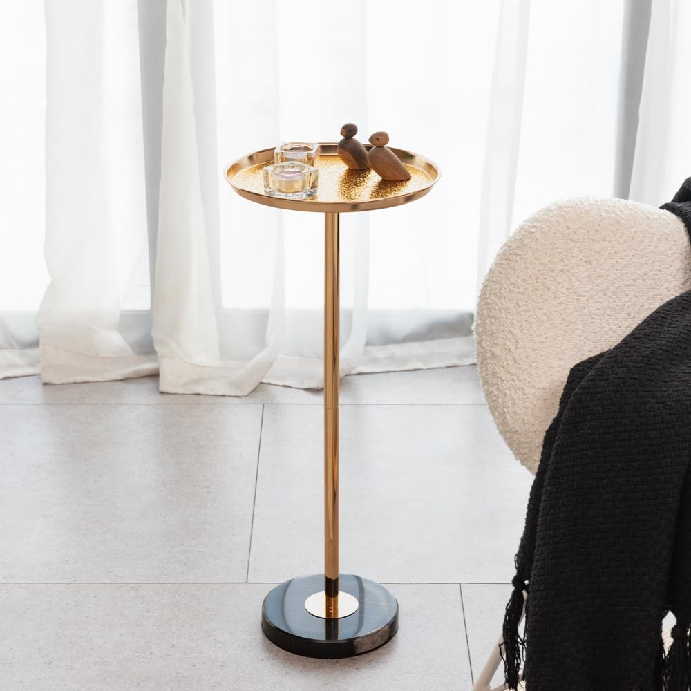 Saiveina Adjustable Side Table, Small Tea Martini Table, Gold, Natural Marble Decorative Pedestal End Table for Display and Storage