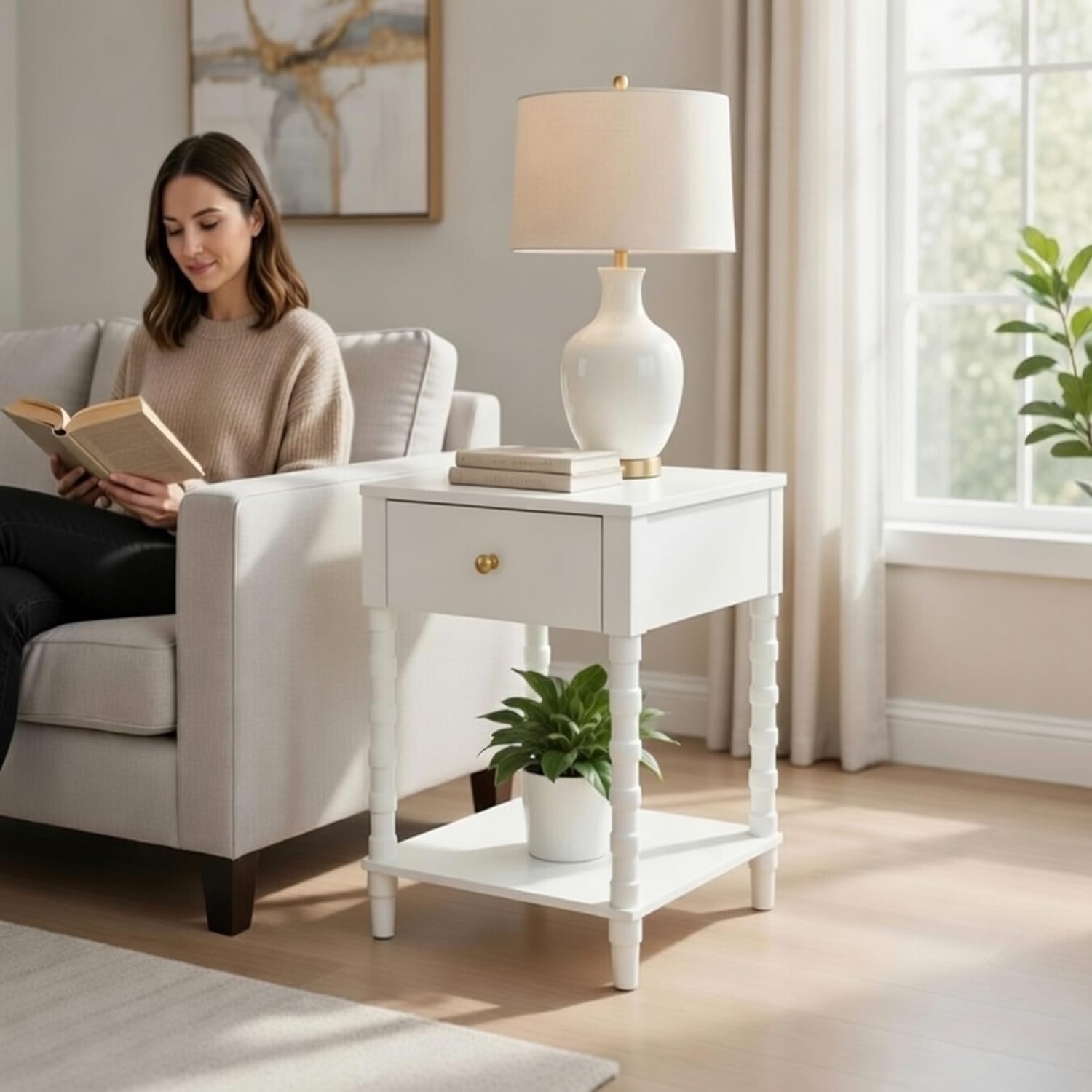 Decor Therapy Sterling Modern Side Table with Storage Drawer, Lower Shelf, Contemporary Legs End Table for Living Room, White