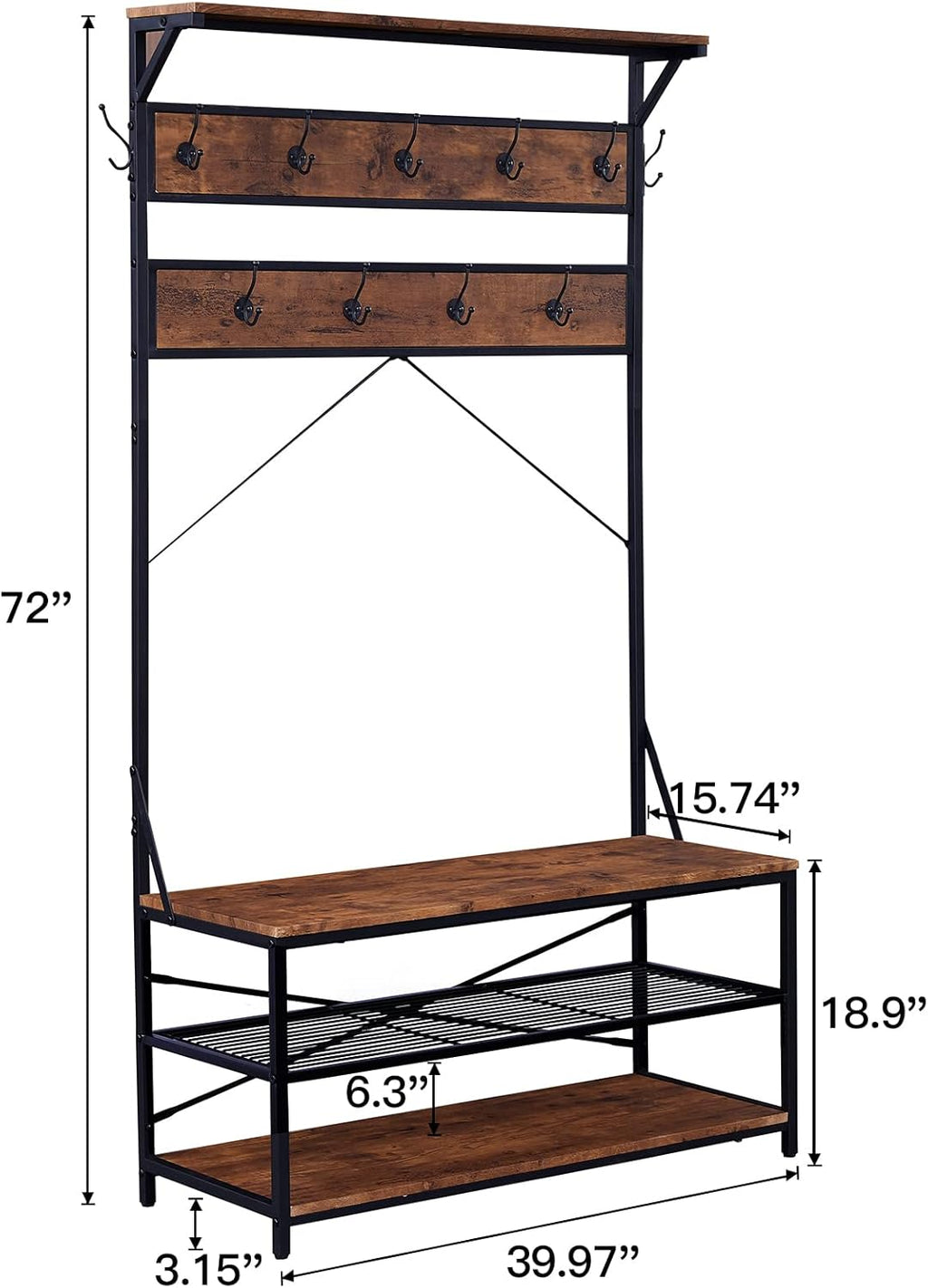 3-in-1 Entryway Coat Rack,Vintage Industrial Hall Tree 72 Inch with Storage Bench and Coat Racks Entryway Storage Shelf Organizer with 9 Hooks， Large Size, Wood Look Accent Furniture with Metal Frame