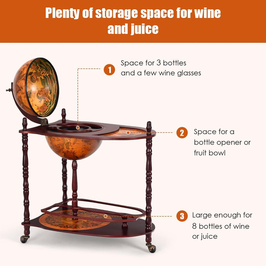 LDAILY Globe Bar, 34.5”Wood Wine Bar Stand with Wheels, Bottom Shelf & Old World Map, 16 Century Italian Replica Globe Bar Liquor Cabinet, Large Capacity Bar Cart for Home, Restaurant, Party