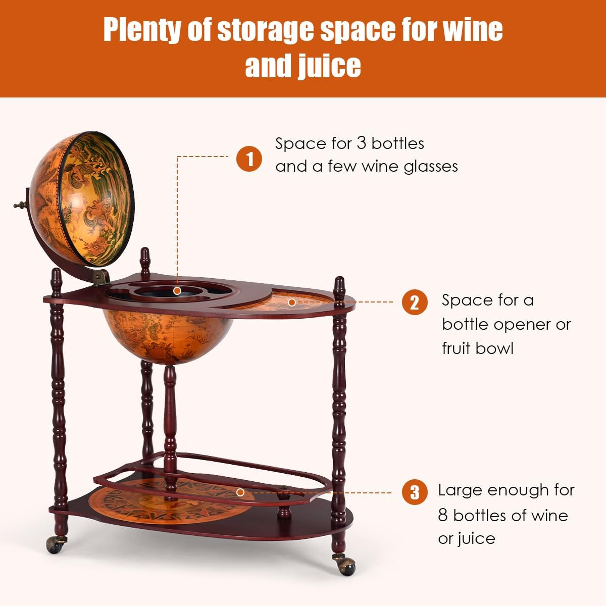 LDAILY Globe Bar, 34.5”Wood Wine Bar Stand with Wheels, Bottom Shelf & Old World Map, 16 Century Italian Replica Globe Bar Liquor Cabinet, Large Capacity Bar Cart for Home, Restaurant, Party