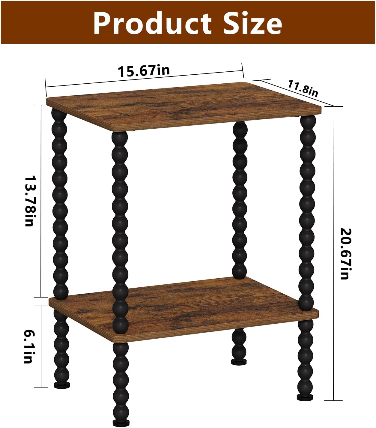 YINMIT End Table,2-Tier Small Side Table with Open Storage Shelf | Night Stand,Metal Spindle Legs,Round Curve Corner,Living Room,Bedroom,Office,Small Spaces