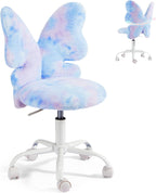 HOMREST Chair with Wheels,Cute Fluffy Desk Chair for Girls with Butterfly Back,Adjustable Seat Height, Faux Fur Swivel Vanity Chairs for Children Bedroom & Reading Room, Study/Vanity,Colorful Blue