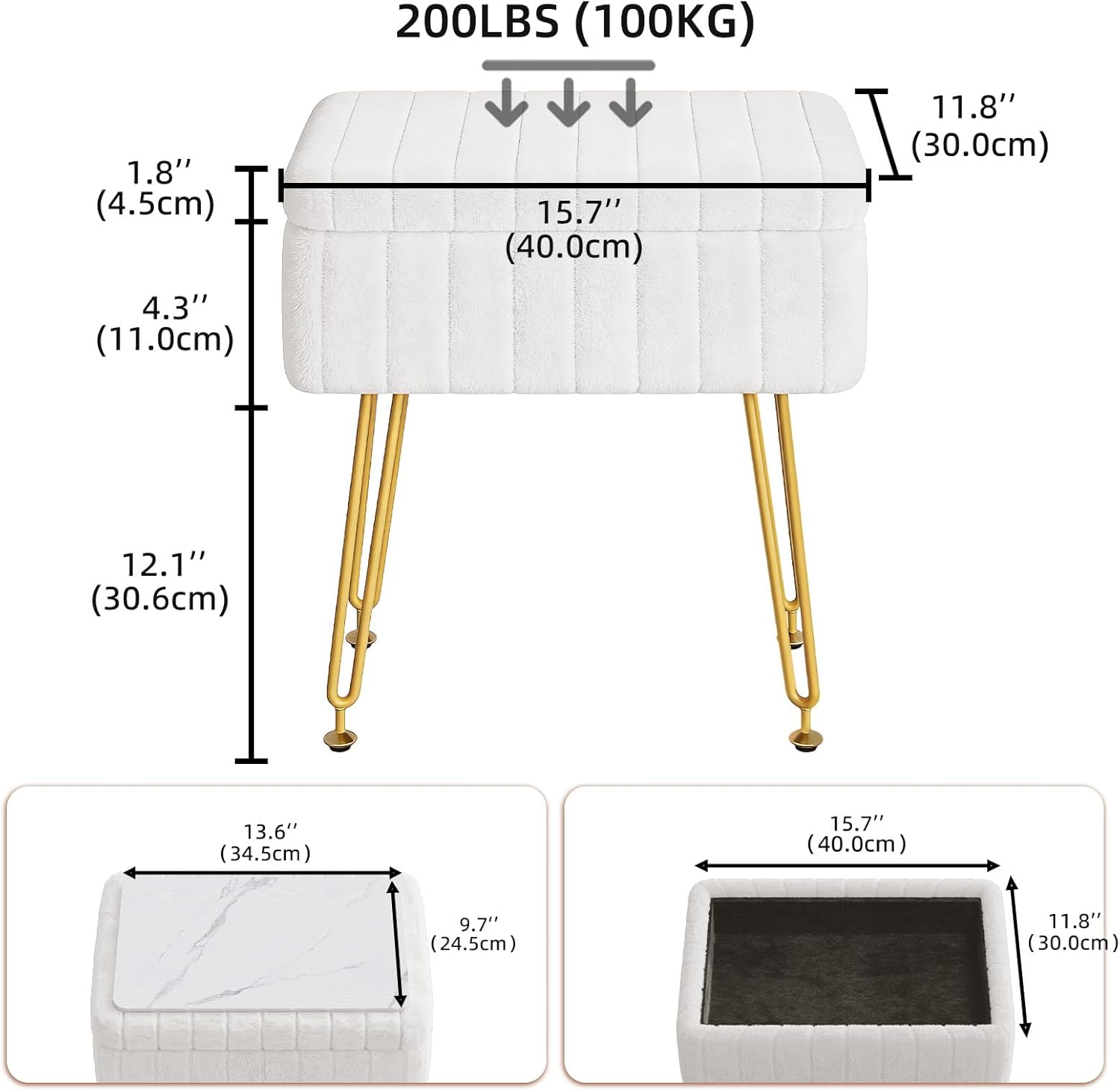 Somdot Vanity Stool Chair with Storage, Cute Furry Padded Seat, Makeup Stool, Footrest Footstool Ottoman, Metal Legs, Adjustable Feet for Living Room, Bedroom, Makeup Room, White