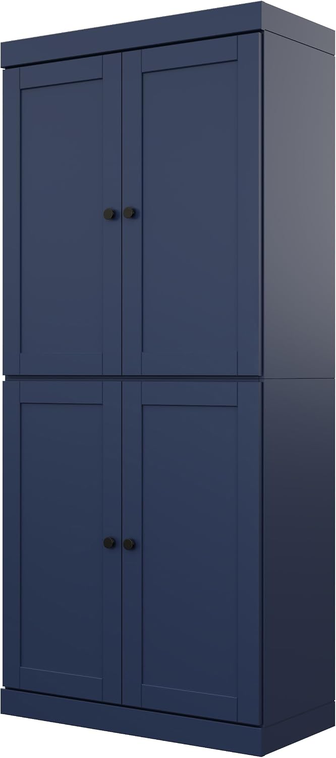 Palace Imports Solid Wood Kitchen Pantry Cabinet - 71.5" Tall x 32" W - Wooden Storage Cabinet w/ 4 Shaker Doors, 2 Drawers & 4 Adjustable Shelves, Navy Blue, 100% Eco-Friendly Wood, Made in Brazil