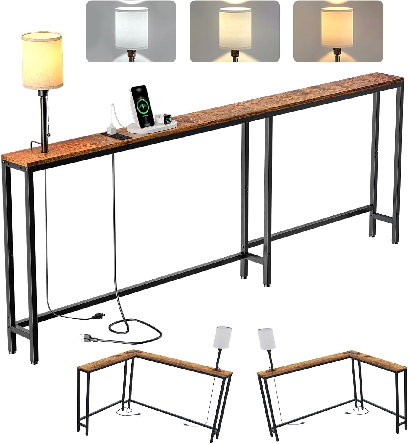 X-cosrack 78.8" Long Narrow Sofa Table with Outlet & LED Bulb, L Shaped Skinny Corner Console Table Behind Couch, Slim Sofa Table wtih 3 Color Light for Living Room, Bedroom, Entryway, Rustic Brown