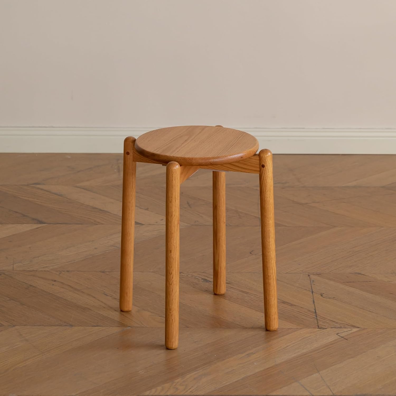 Oak Stackable Stool, Small Plant Stand, Round Wooden Stool for Dining Room, Living Room, Entryway, Classroom, School, 15.4" x 15.4" x 16.7”, Natural