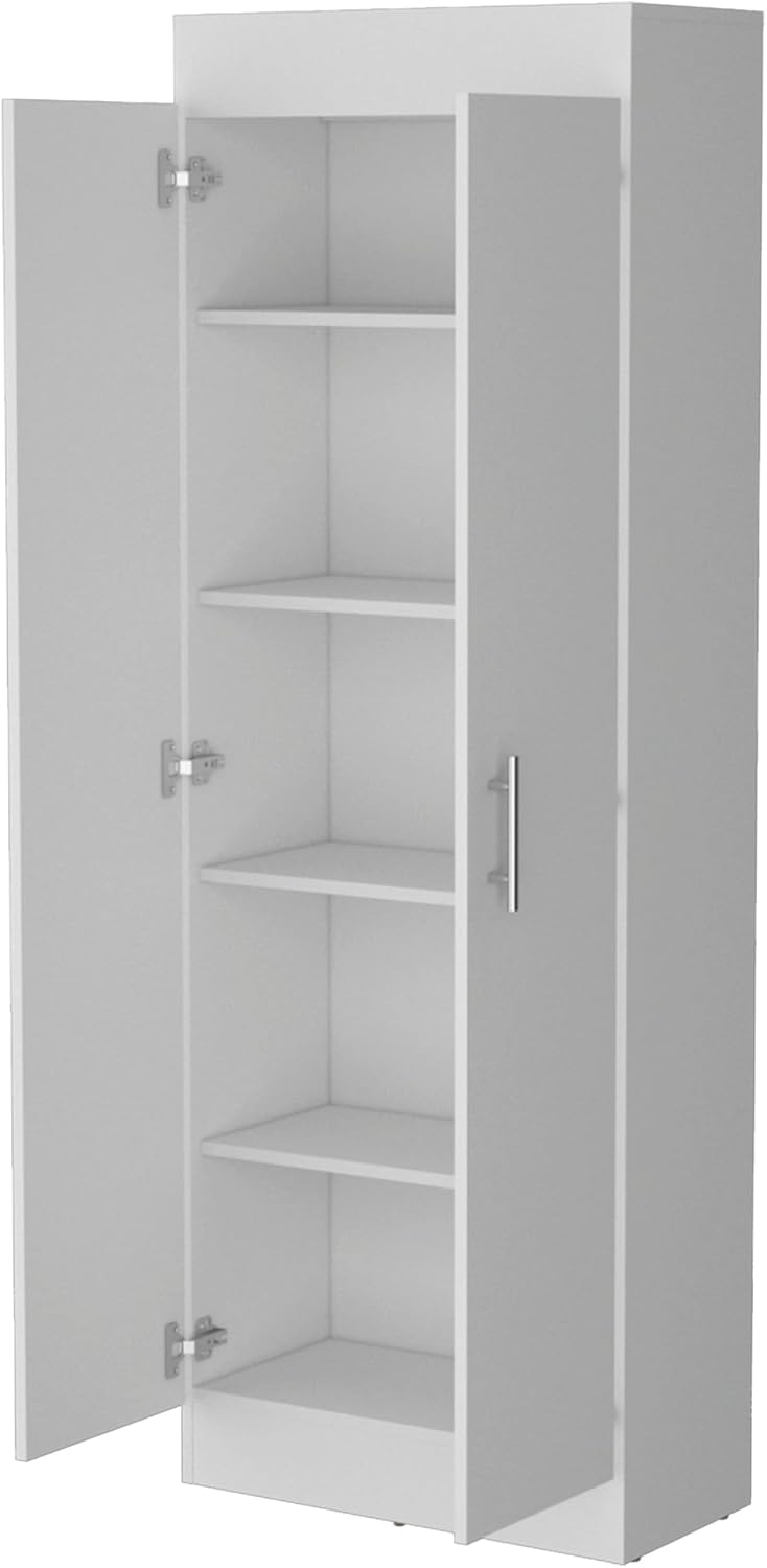 23.6" D*11.9" W*66.8" H Freestanding Kitchen Pantry with 4 Shelves, Double Door, Rectangular Wood Storage Cabinet, Modern Minimalist, for Living Room, Dining Room, White