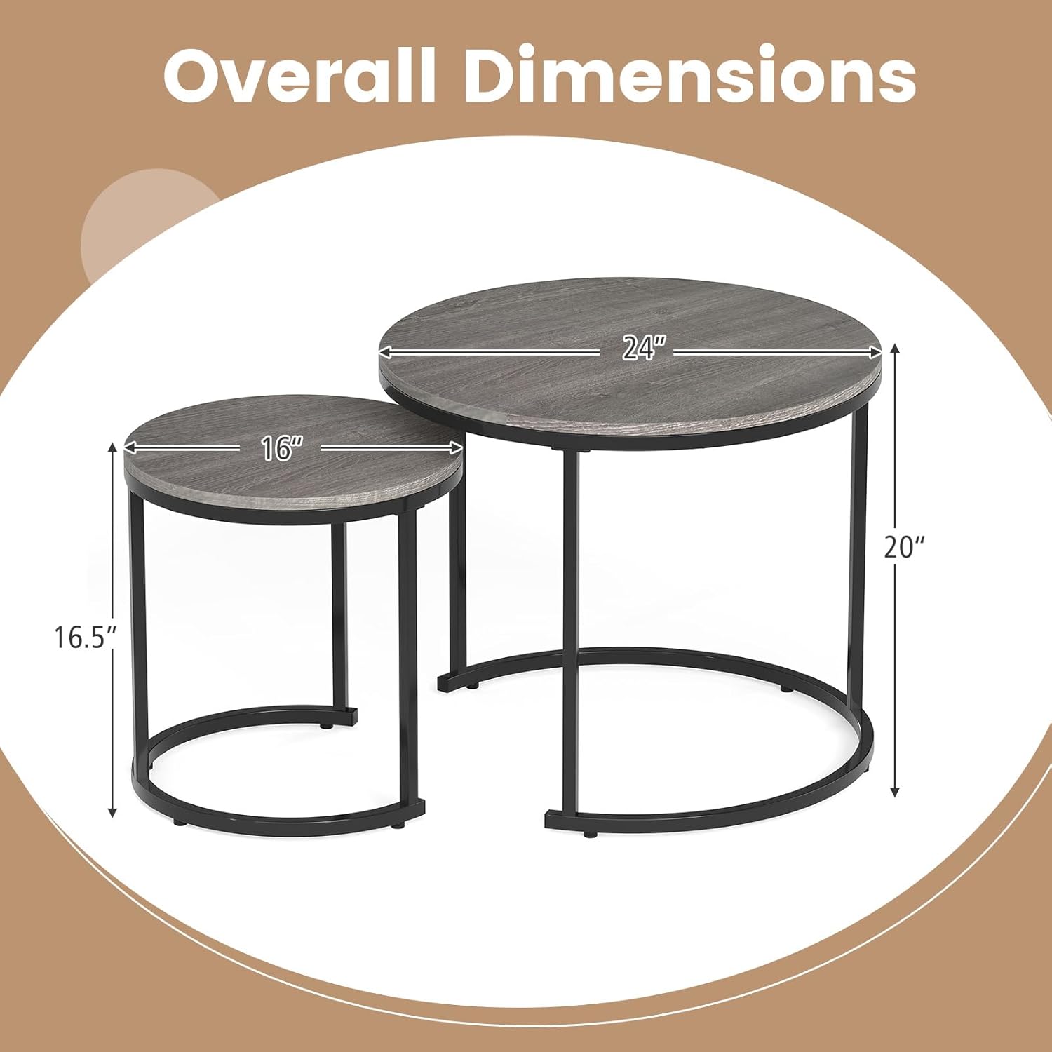 Giantex Nesting Coffee Table Set of 2, Round Stacking Side Tables with Wooden Tabletop & Powder Coated Steel Frame, Space Saving Vintage End Tables for Living Room, Balcony, Office (Grey Oak)