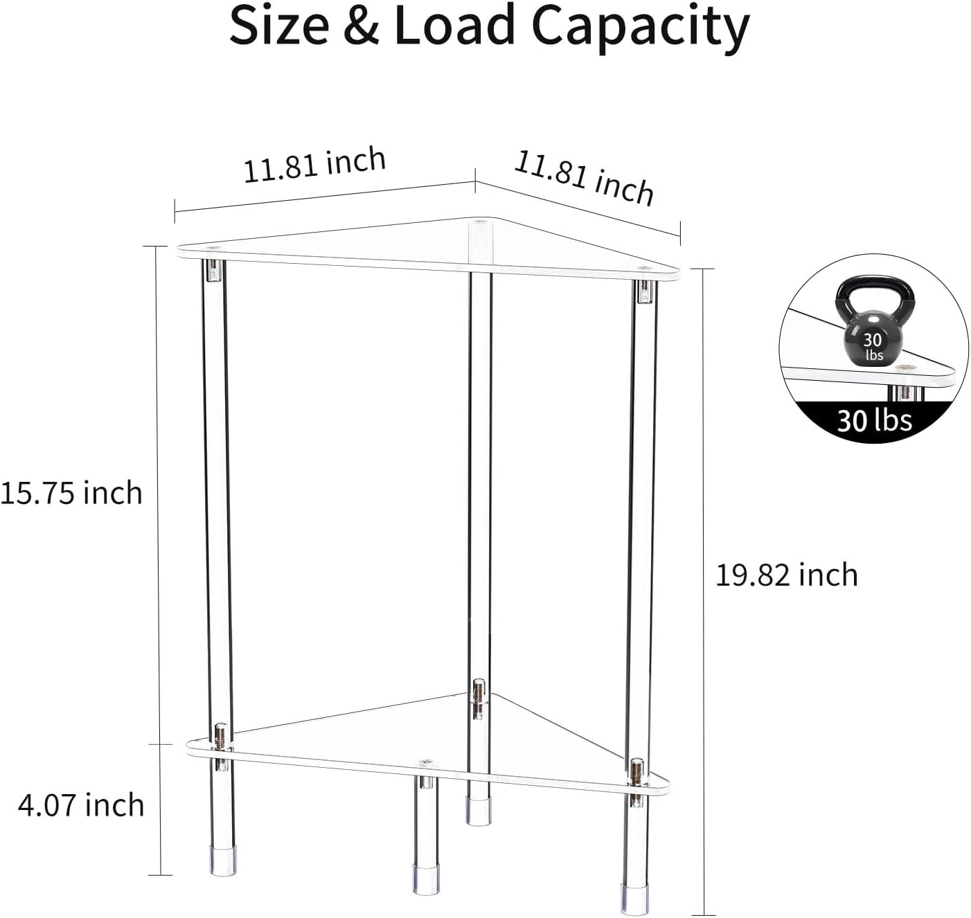 Clear Triangle Acrylic Side Table for Small Space, 11.81" L x 11.81" W x 19.82" H, 2-Tier Transparent Corner Shelf Stand End Table, Corner Storage Display Rack for Living Room Bedroom Bathroom