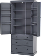 Freestanding Kitchen Pantry with 3 Dawers & 3 Shelves, Double Door with 6 Shelves, Rectangular Storage Cabinet, Modern, for Living Room, Dining Room, Gray