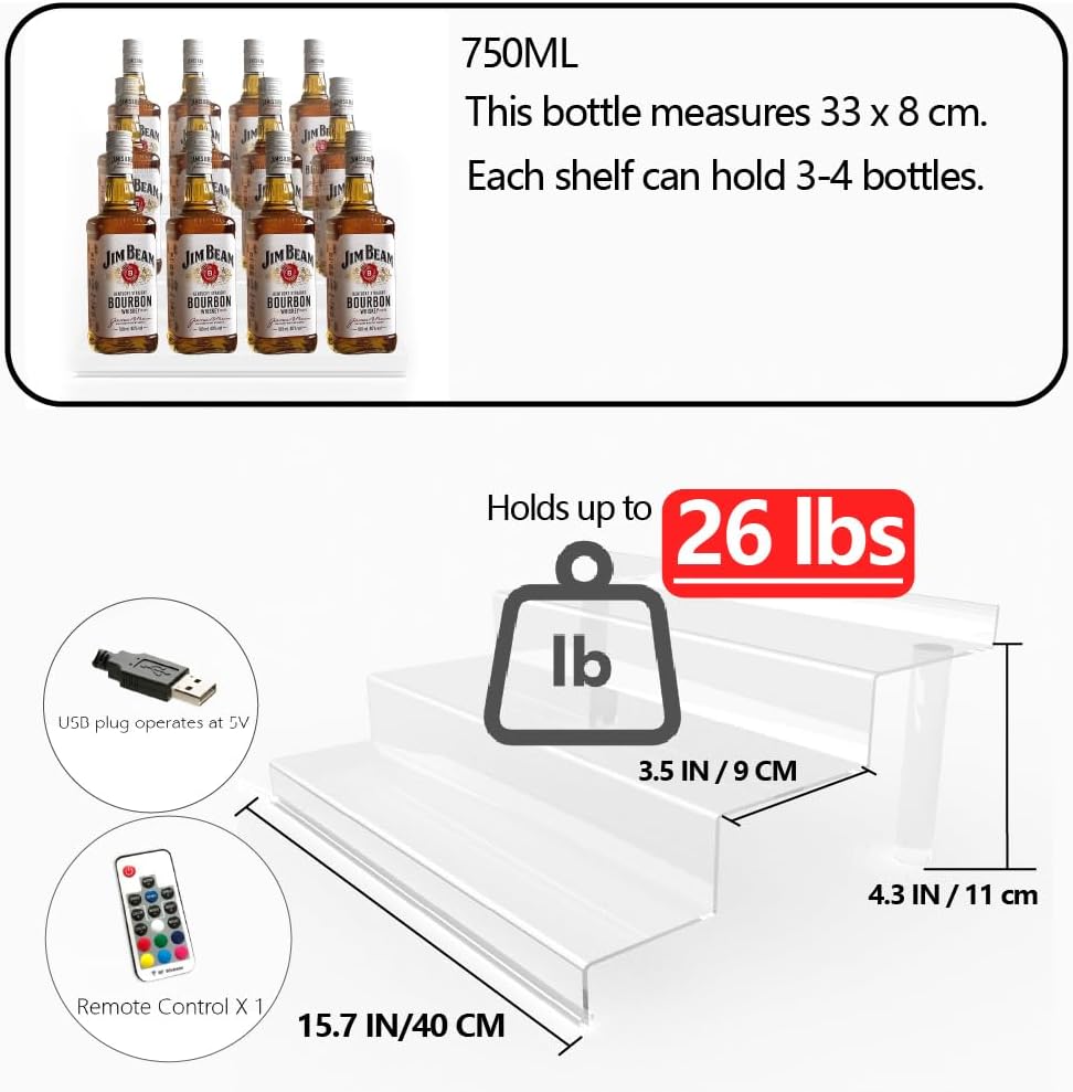 YMVV LED Lighted Liquor Bottle Acrylic Display, 3 Tiers 15.7 Inch LED Liquor Shelves with RF Remote, Liquor Bottle Accessories Shelf for Home Bar