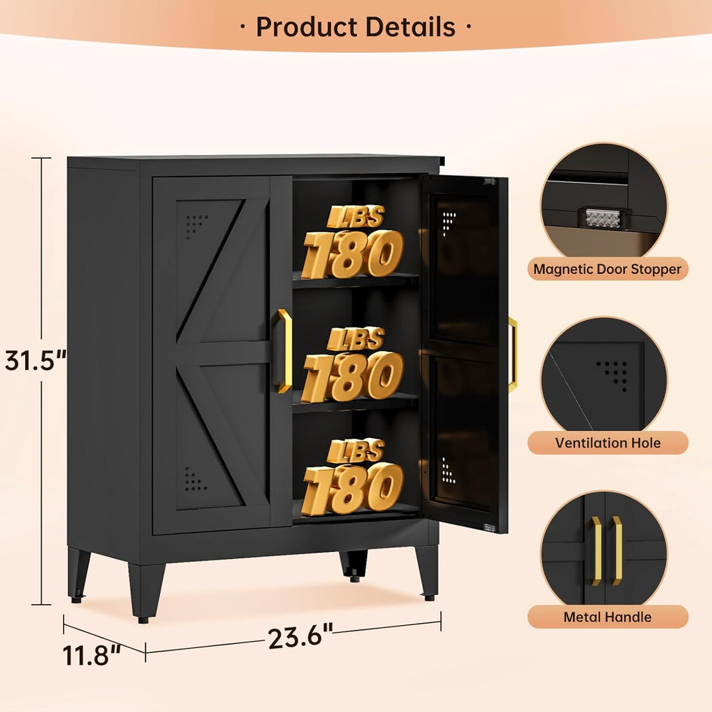 32" Metal Kitchen Pantry Cabinet,Floor Bathroom Storage Cabinet with 2 Adjustable Shelves,Freestanding Sideboard for Small Spaces, Living Room, Hallway, Dining Room,Black