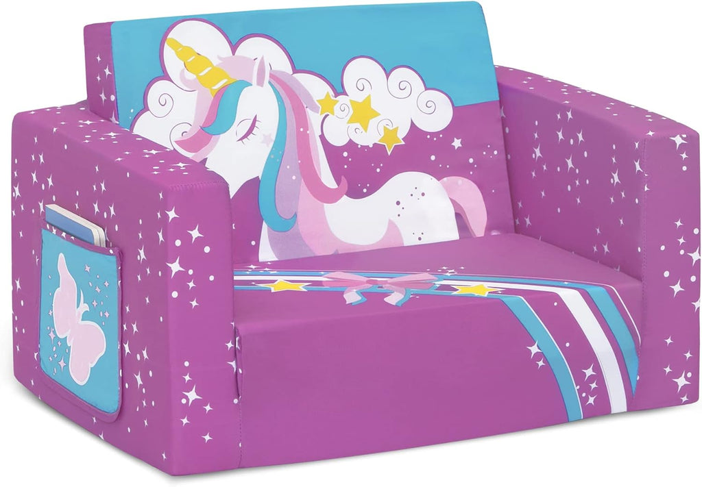 Delta Children Cozee Kids Couch 2-Seater Kids Sofa, Convertible 2-in-1 Flip Open Toddler Couch Sleeper, Foam Chair for Playroom & Bedroom, Bed Lounger, Comfy Play Sleeping Lounge Chair, Unicorn