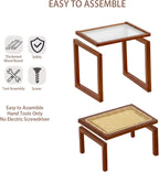Tiita Rattan Side Table, Mid Century Nightstand, 2-Tier Bamboo Accent Bedside Tables, Glass Coffee Tables, Boho Wooden Narrow End Table with Storage for Small Space, Living Room and Bedroom