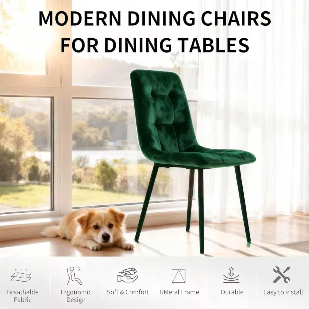 Velvet Dining Chairs Set of 4, Modern Fabric Upholstered Dining Room Kitchen Chair 4pcs Velvet Kitchen Chairs, Mid Century Dinning Dinner Chairs for Living Room,Bedroom (Green, Non-Swivel Chair)